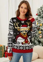Women's Christmas Elk Jacquard Knitting Top Autumn Winter Pullover Sweater