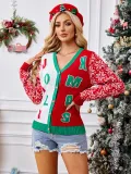 Autumn Winter Christmas Sweater Red Casual Letter Jacquard V-Neck Knitting Cardigan