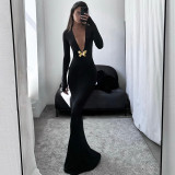 Autumn Solid Color Sexy V-Neck Butterfly Button Long Sleeve Slim Waist Women's Dress