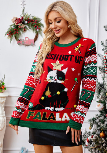 Cartoon Christmas Sweater Women's Autumn Winter Round Neck  Long Sleeve Loose Pullover Knitting Shirt