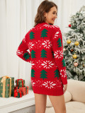 Christmas Tree Jacquard Long Red Knitting Top Pullover Sweater