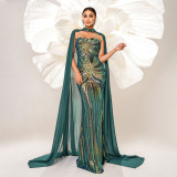 Long Sleeve Round Neck Long Sequin Formal Party Cape Fishtail Evening Dress Bridesmaid Dress