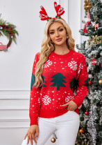 Red Sweater Autumn Winter Women's Christmas Tree Jacquard Pullover Knitting Top
