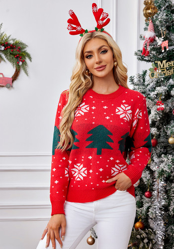 Red Sweater Autumn Winter Women's Christmas Tree Jacquard Pullover Knitting Top