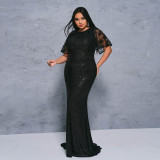 Plus Size Women's Short Sleeve Round Neck Formal Party Sequin Evening Gown