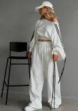 Striped Lace-Up Patchwork Contrast Color Loose Casual Slash Shoulder Crop Pullover Long Sleeve Top High Waist Straight Trousers Set