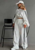 Striped Lace-Up Patchwork Contrast Color Loose Casual Slash Shoulder Crop Pullover Long Sleeve Top High Waist Straight Trousers Set