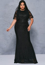 Plus Size Women's Short Sleeve Round Neck Formal Party Sequin Evening Gown