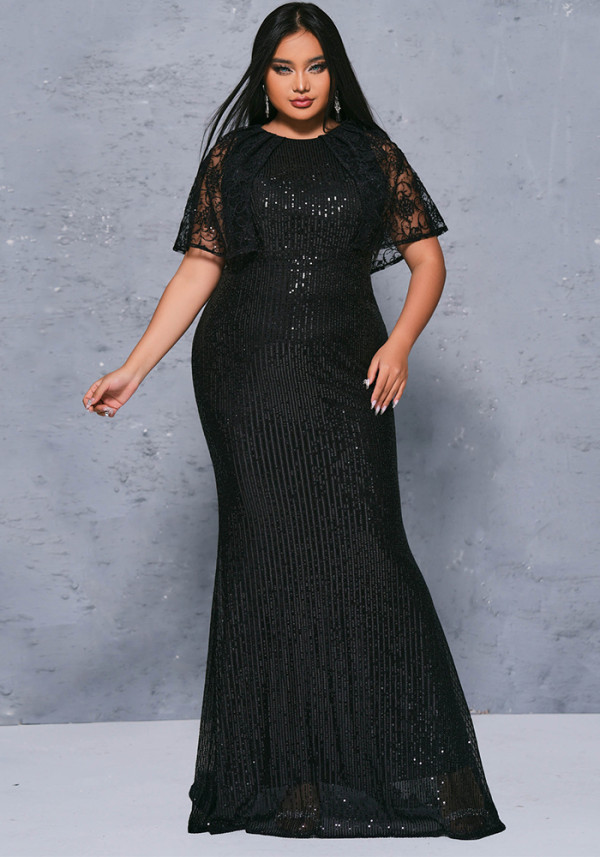 Plus Size Women's Short Sleeve Round Neck Formal Party Sequin Evening Gown