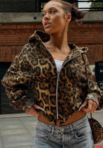 Autumn Leopard Zipper Hooded Long Sleeve Patchwork Irregular Waist Street Fashion Hoodies