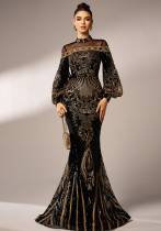 Long Sleeve Round Neck Long Sequin Formal Party Mesh Fishtail Evening Dress Bridesmaid Dress