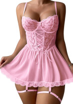 Sexy Lingerie Mesh Patchwork Lace Strap Nightdress Ladies Four-Piece Set