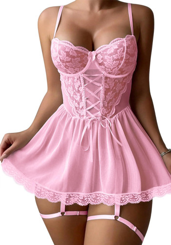 Sexy Lingerie Mesh Patchwork Lace Strap Nightdress Ladies Four-Piece Set