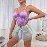 Sexy Lingerie Lace Pearl Strap Top Short Skirt Thong Three-Piece Set