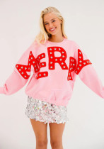 Women Casual Round Neck Letter Loose Long Sleeve Top