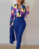 Spring Women's Clothing Long Sleeve Fashion Casual Printed Shirt High Waist Career Pants Set