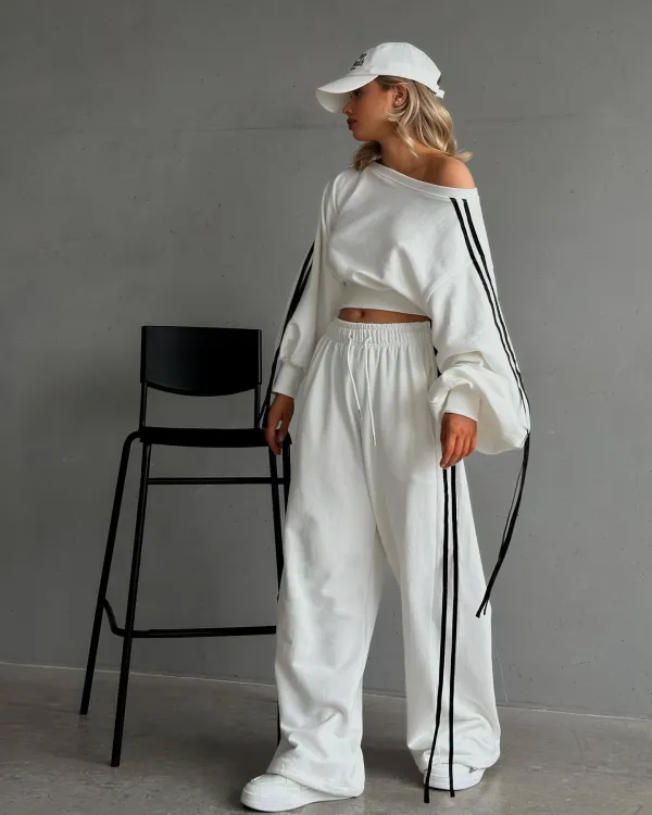 Striped Lace-Up Patchwork Contrast Color Loose Casual Slash Shoulder Crop Pullover Long Sleeve Top High Waist Straight Trousers Set