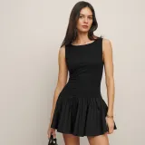 Summer Solid Color Round Neck Sleeveless Patchwork Slim Fashion Short Dress