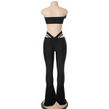 Women Fur Strapless Top and Bell Bottom Pants Two Piece Set