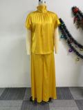 Satin Lace-Up Flying Sleeve Top Wide-Leg Pants Two-Piece Set