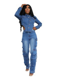 Women Casual Denim Top and Pant Two Piece Set