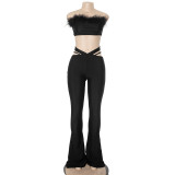 Women Fur Strapless Top and Bell Bottom Pants Two Piece Set