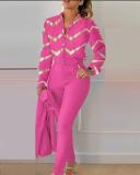 Spring Women's Clothing Long Sleeve Fashion Casual Printed Shirt High Waist Career Pants Set
