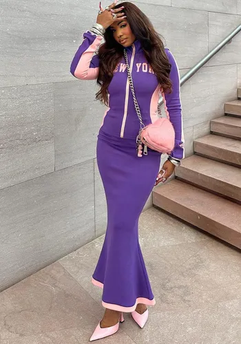 Women Letter Zipper Top and Long Skirt Two Piece Set