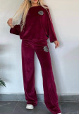 Women's Spring And Autumn Solid Color Velvet Round Neck Bat Sleeves Casual Two-Piece Pants Sets