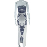 Women's Fashion Print Strapless Low Back Slit Dress