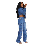 Women Casual Denim Top and Pant Two Piece Set