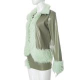 Women Pu-Leather Fur Collar Jacket and Skirt Two Piece Set