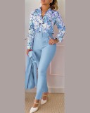 Spring Women's Clothing Long Sleeve Fashion Casual Printed Shirt High Waist Career Pants Set