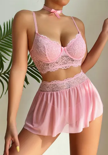 Women Lace Gathered Bra Skirt Thong Sexy Lingerie Three-Piece