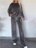 Women's Spring And Autumn Solid Color Velvet Round Neck Bat Sleeves Casual Two-Piece Pants Sets