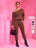 Autumn Winter Round Neck Long Sleeve Sweater Woolen Trousers Two Piece Set