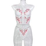 Women Flower Embroidery Cross Lace-Up Sexy Lingerie Two Piece Set