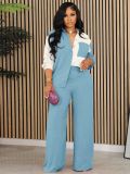 Women contrast color long sleeve shirt and pants Two Piece Set