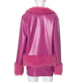 Women Pu-Leather Fur Collar Jacket and Skirt Two Piece Set