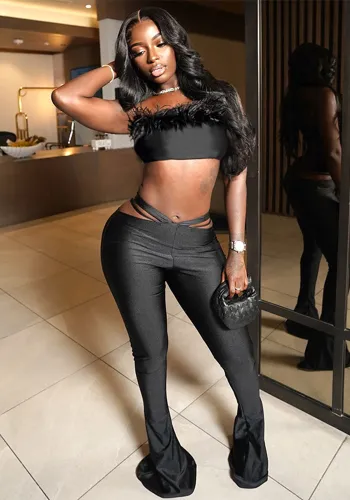 Women Fur Strapless Top and Bell Bottom Pants Two Piece Set