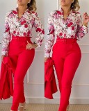 Spring Women's Clothing Long Sleeve Fashion Casual Printed Shirt High Waist Career Pants Set