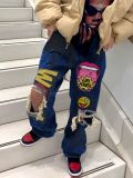 Women Ripped Print Crago Denim Pants
