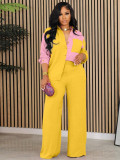 Women contrast color long sleeve shirt and pants Two Piece Set