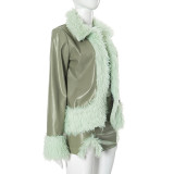 Women Pu-Leather Fur Collar Jacket and Skirt Two Piece Set