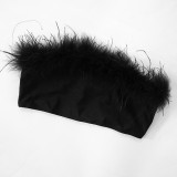 Women Fur Strapless Top and Bell Bottom Pants Two Piece Set
