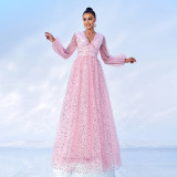 Long Sleeve V-Neck Long Sequin Formal Party Evening Dress Bridesmaid Dress