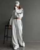 Striped Lace-Up Patchwork Contrast Color Loose Casual Slash Shoulder Crop Pullover Long Sleeve Top High Waist Straight Trousers Set