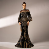 Long Sleeve Round Neck Long Sequin Formal Party Mesh Fishtail Evening Dress Bridesmaid Dress