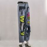Women Ripped Print Crago Denim Pants