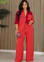 Women contrast color long sleeve shirt and pants Two Piece Set